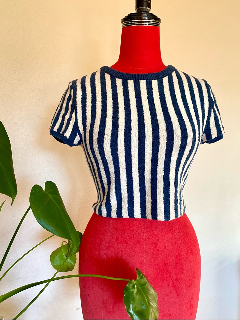 Striped Navy and Cream Short Sleeve Terry Cloth Crop Top